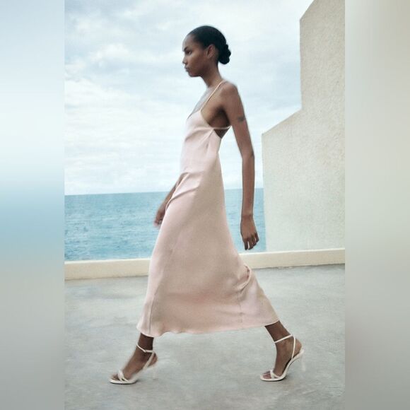 ZARA SATIN SLIP DRESS SALMON PINK - Picture 11 of 12